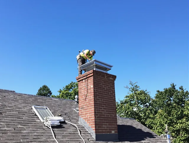 Pataskala Chimney Sweep technician measuring a chimney cap in Pataskala, OH